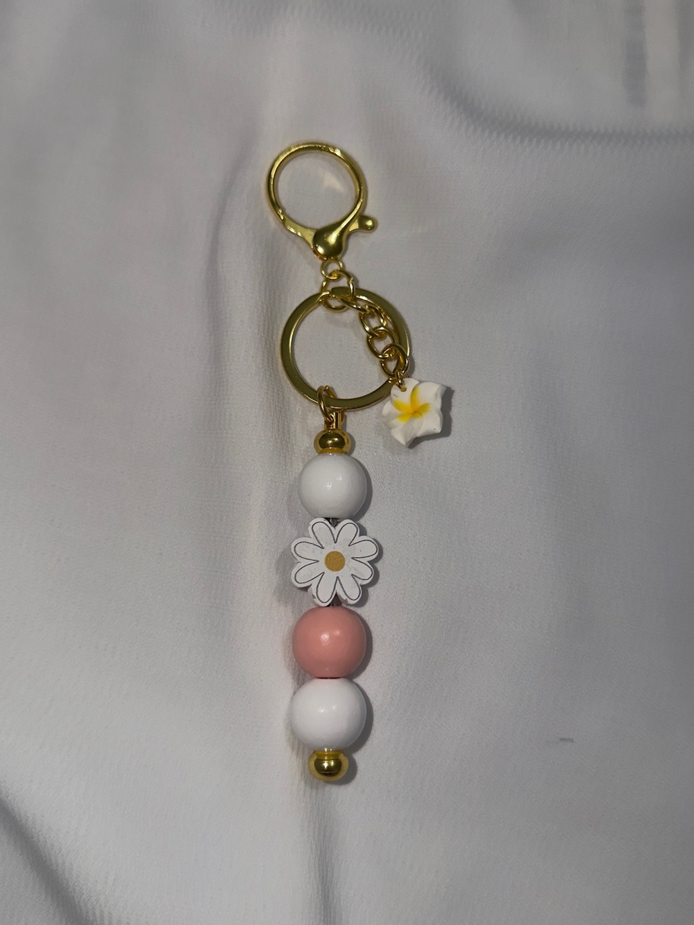 Gold Daisy Bead Key & Card Holder - Pink and White